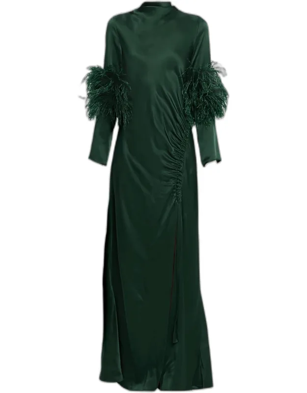 Feather-trim Long-sleeve Satin Maxi Dress