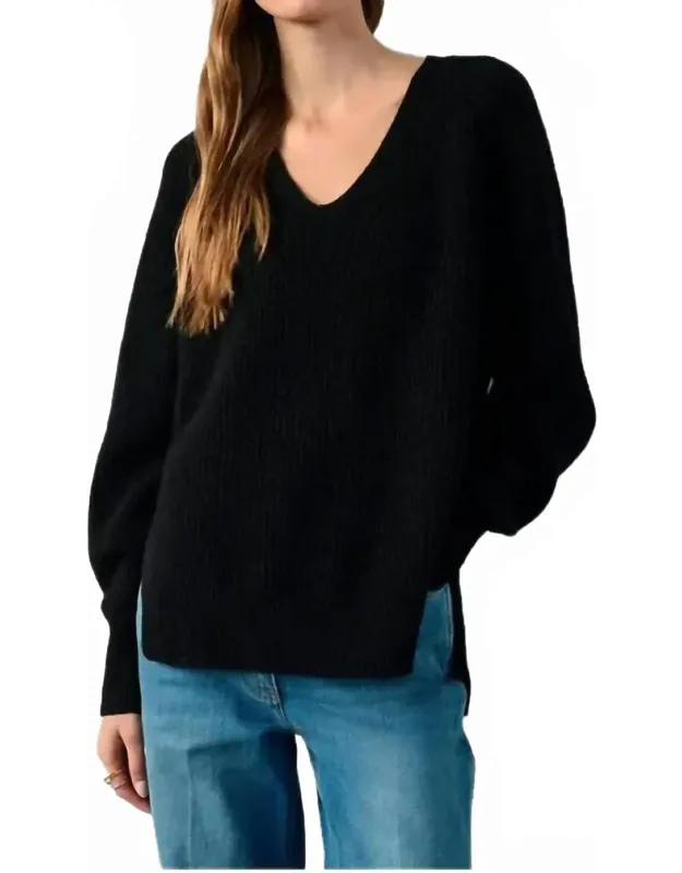 Ribbed Blouson Sleeve V Neck Sweater