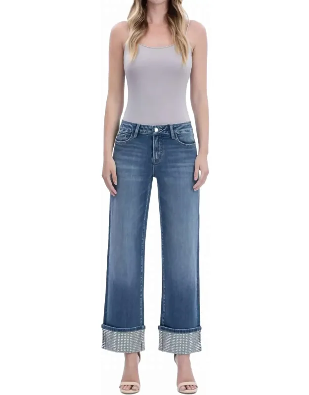 Mid Rise Slim Ankle Length Wide Leg Cuffed Jeans