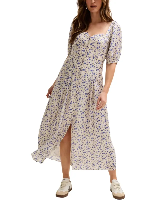 April Button Front Floral Print Midi Dress