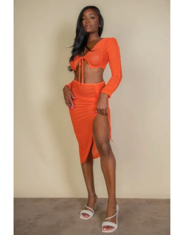 Sheer Mesh Drawstring Ruched Skirt