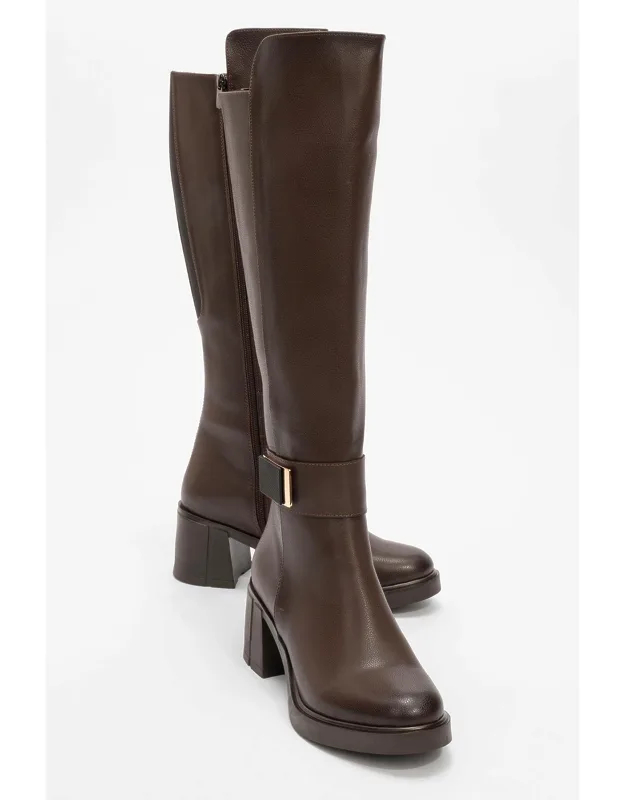 Moreni Stretch Buckle Block Heel Knee High Boot