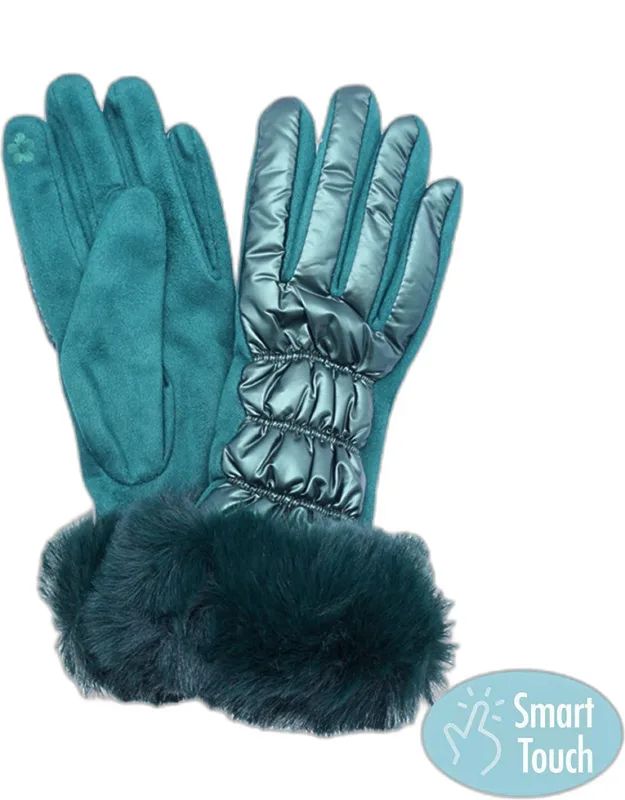 Faux Fur Cuff Puffer Smart Touch Gloves