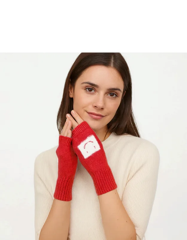 Square Smile Face Accent Fingerless Knit Gloves