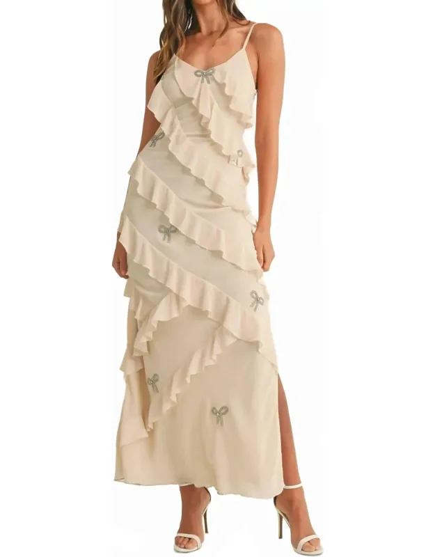 Cordi Bow Rhinestone Ruffle Maxi Dress