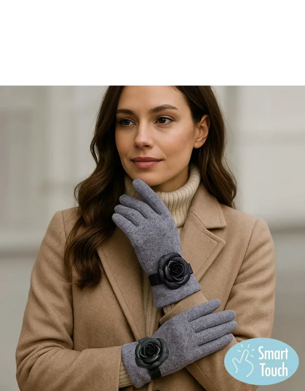 Faux Leather Flower Accent Elegant Smart Touch Gloves