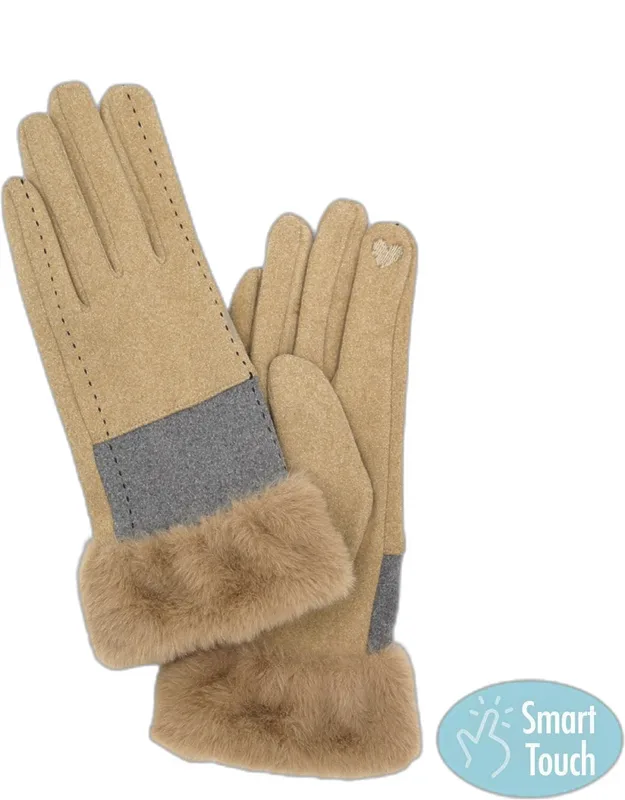 Two Tone And Stitch Lines Faux Fur Cuff Smart Touch Gloves