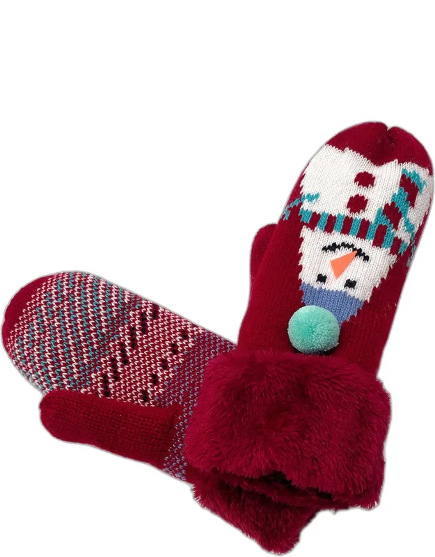 Snowman Printed Faux Fur Mittens