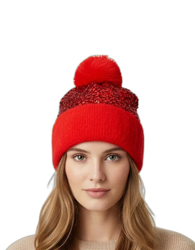 Sequin Embellished Pom Pom Beanie