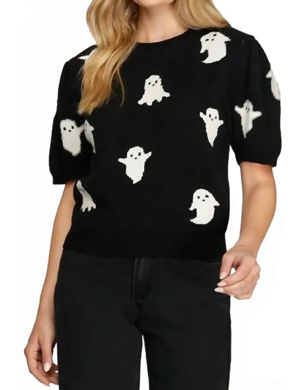 Puff Sleeve Halloween Ghost Pattern Sweater
