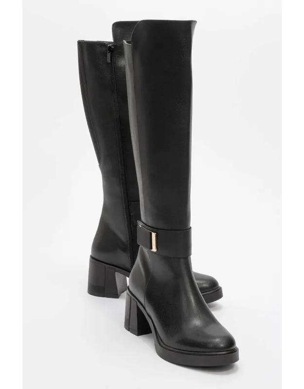 Moreni Stretch Buckle Block Heel Knee High Boot