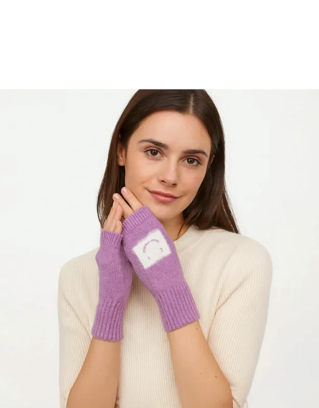 Square Smile Face Accent Fingerless Knit Gloves