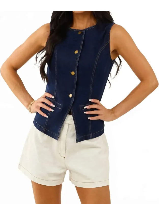 Stretched Denim Button Down Blazer Vest