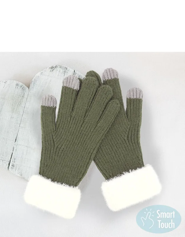 Faux Fur Cuff Smart Touch Knit Gloves
