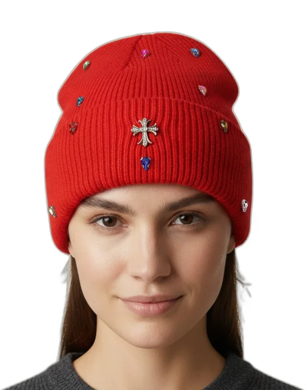 Rhinestone Cross Accent Teardrop Stone Cluster Embellished Knit Beanie