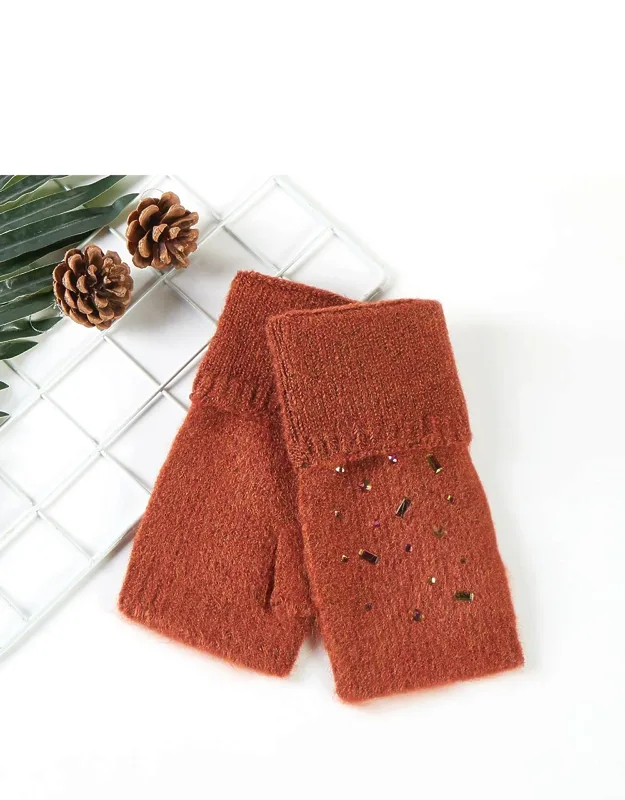 Bling Stone Embellished Knit Fingerless Gloves