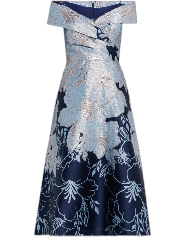 Off-shoulder Metallic Jacquard Midi Dress