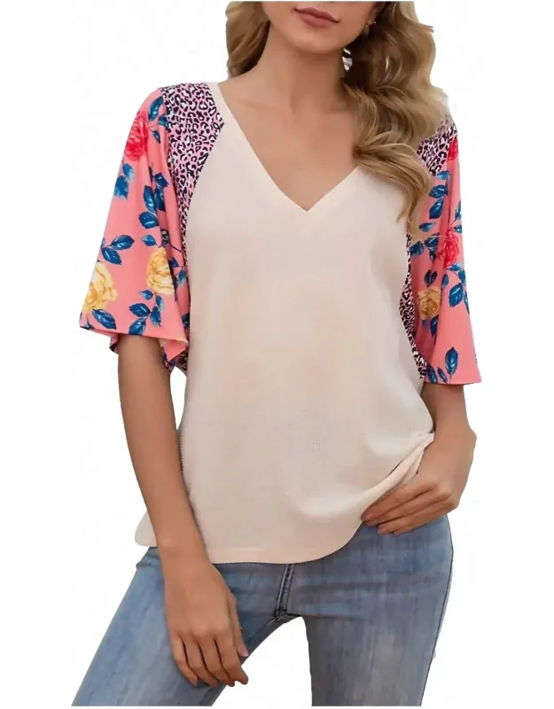 Waffle Floral Leopard Sleeve Top