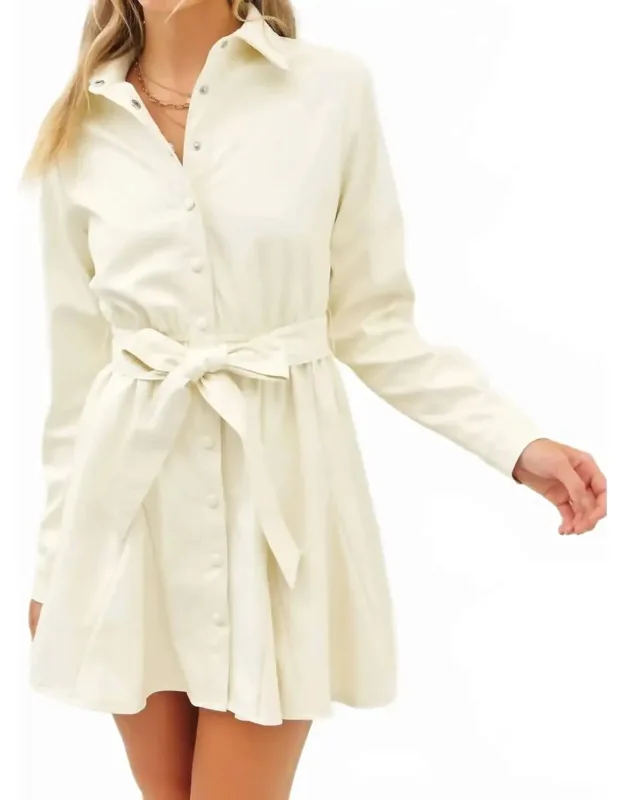 Belted Faux Leather Button Down Godet Mini Dress