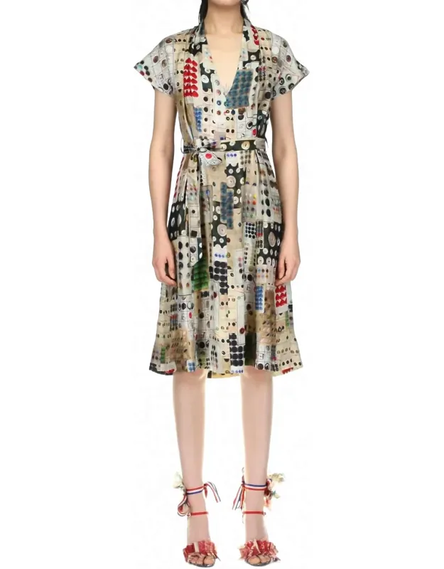 Button Card Shoppe Tuck Pleat V Neck Dress