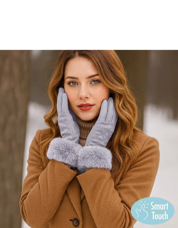 Faux Fur Cuff Quilted Smart Touch Gloves