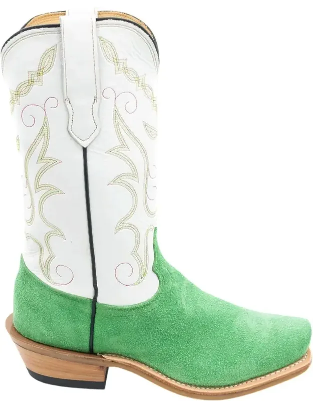Cowboy Boot In Green Cream With Squared Toe And Low Block Heel
