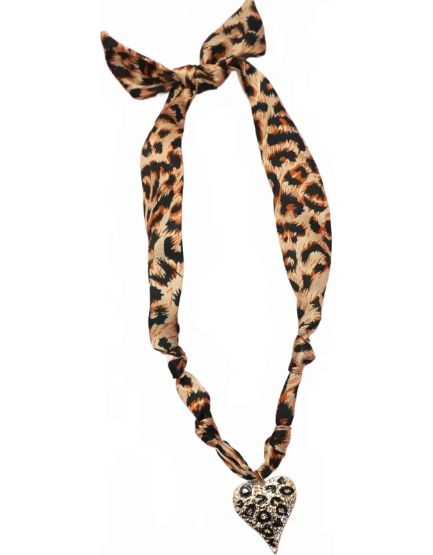 Leopard Knotted Scarf Layering Necklace With Leopard Heart Charm