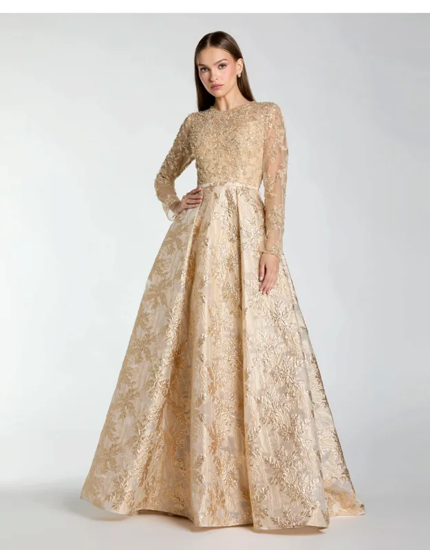 Light Gold Long Sleeve Beaded Brocade Skirt Ball Gown