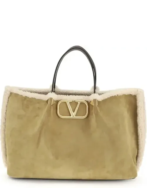 Shoulder Bag - Suede And Shearling Medium Tote Bag With Signature Metallic Vlogo