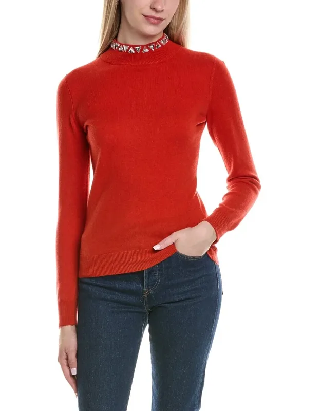 Stone-trimmed Mock Neck Wool & Cashmere-blend Sweater