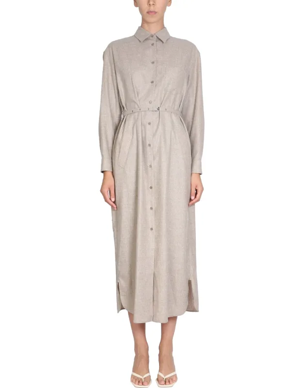 _shirt Dress With Adjustable Waistband And Chest Patch Pocket_