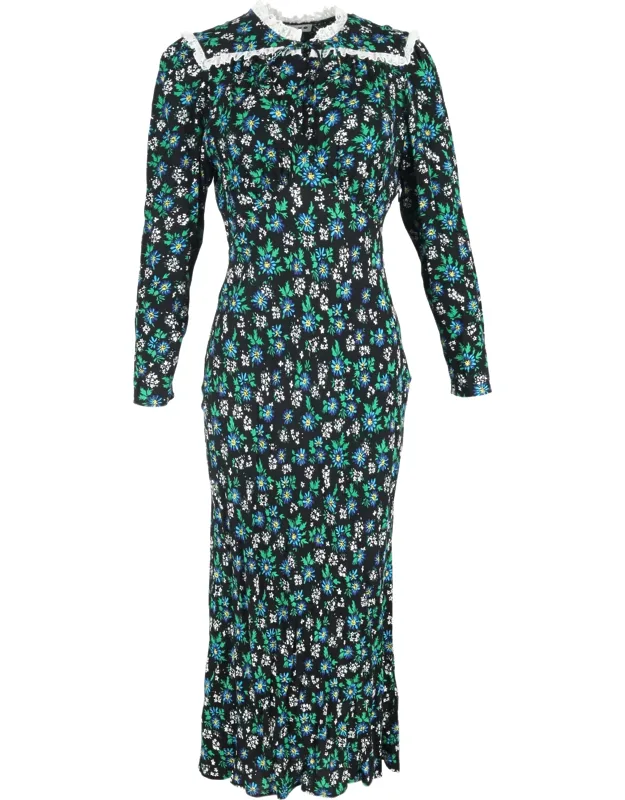 Lace-trimmed Floral-print Crepe Maxi Dress