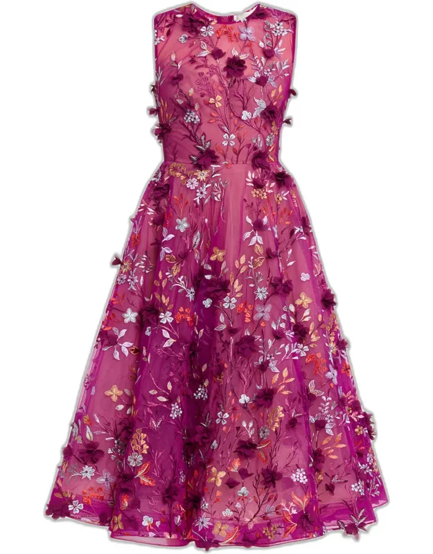 Floral-embroidered Sleeveless Midi Dress