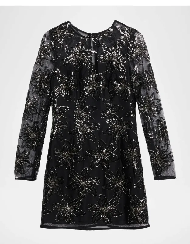 Embroidered Mesh Long-sleeve Mini Dress