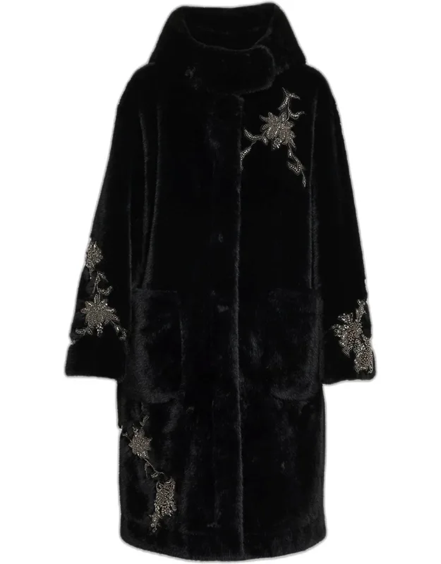 Crystal Applique Faux Fur Coat