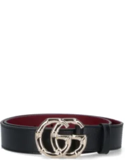 'gg Belt In Black Hammered Calf Leather With Gold Metal Logo'