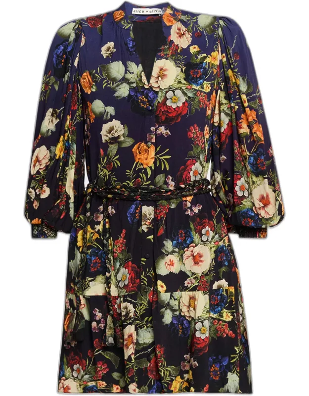 Floral Belted Long-sleeve Mini Dress