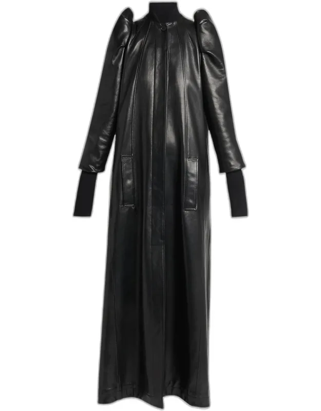 Structured Puff-sleeve Long Leather Coat