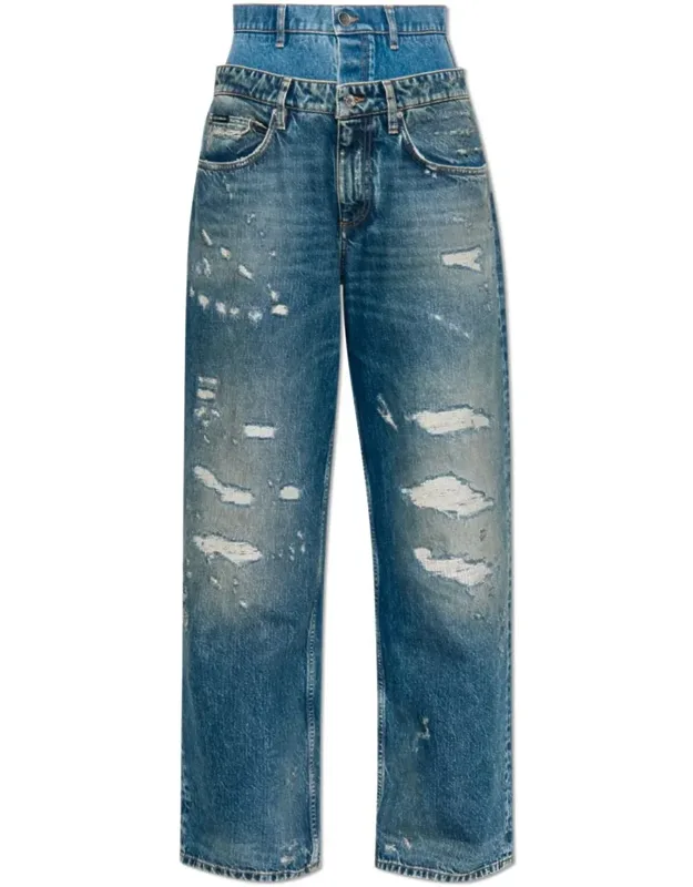 Double-waist Vintage Effect Jeans