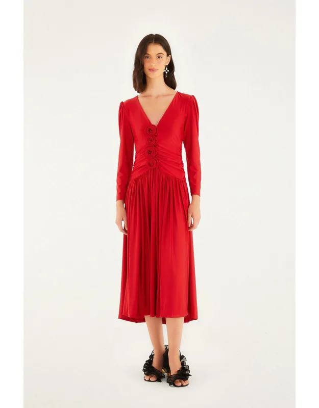 3d Roses Long Sleeve Draped Midi Dress
