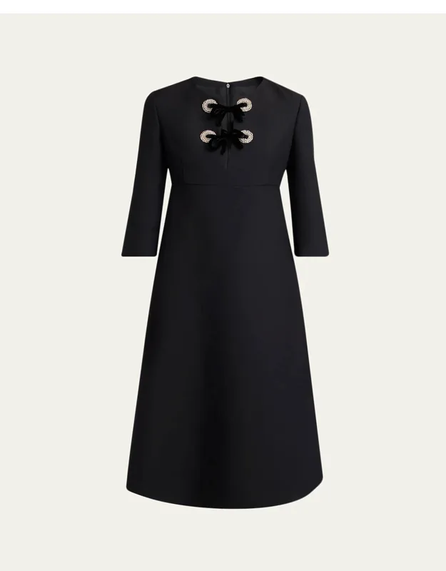 Crystal Velvet Bow 3/4-sleeve Midi Dress
