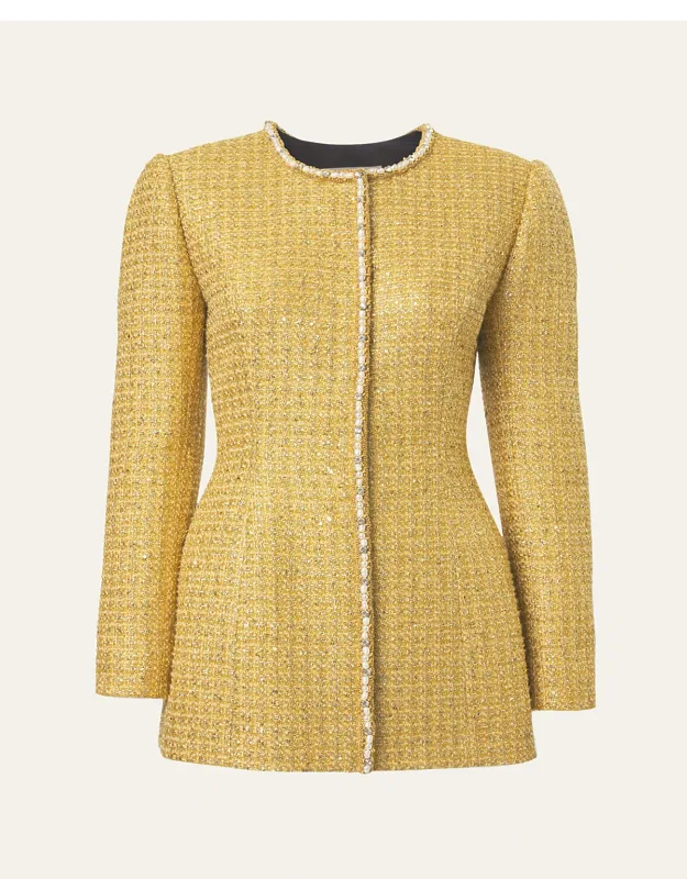 Embellished Collarless Longline Top Coat