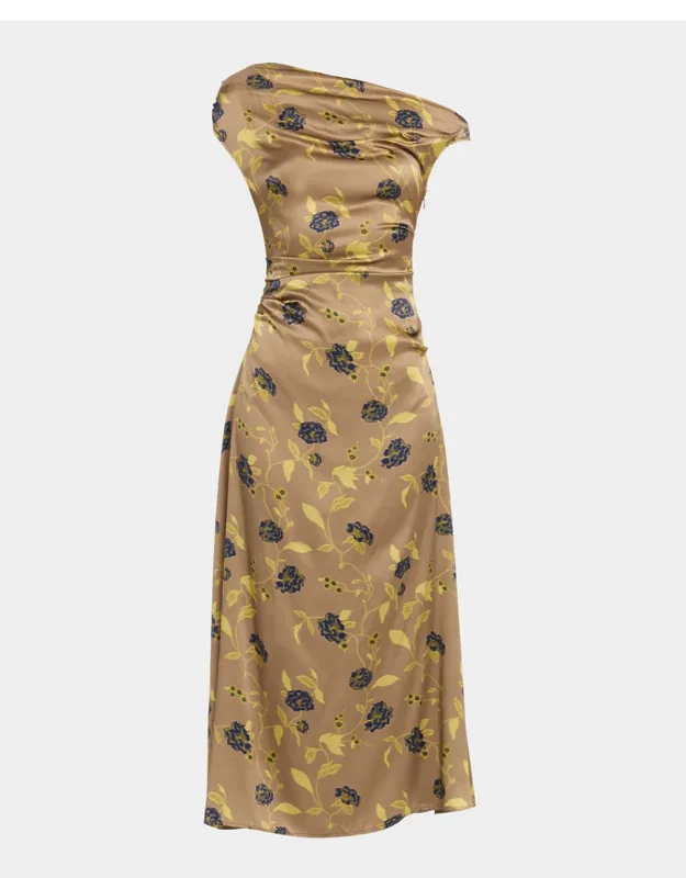Asymmetric Floral Silk Midi Dress