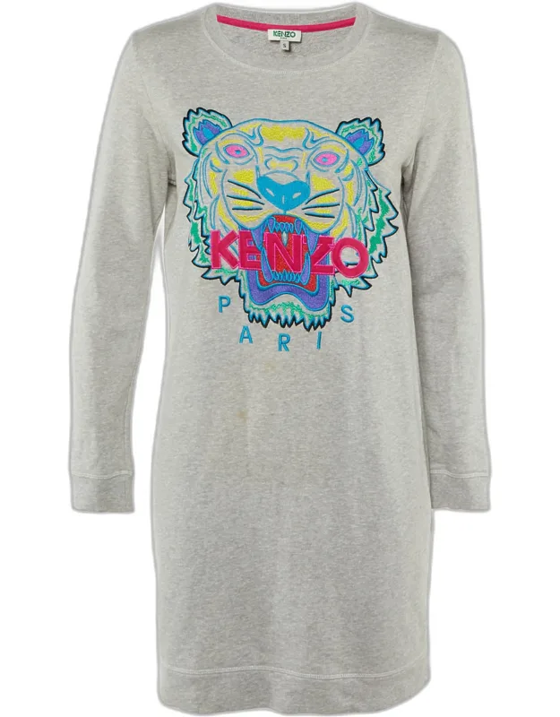 Tiger Head Embroidered Cotton Sweatshirt Mini Dress