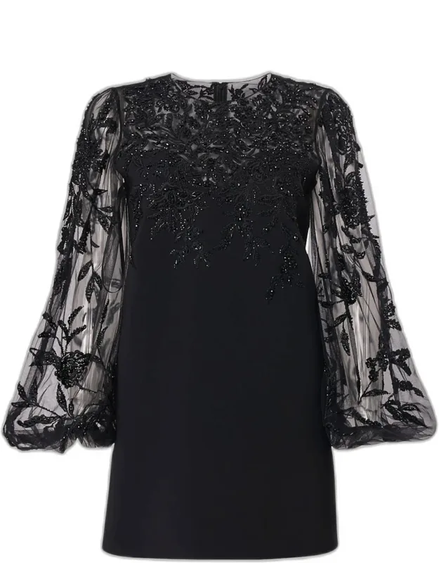 Embroidered Puff-sleeve Mini Dress