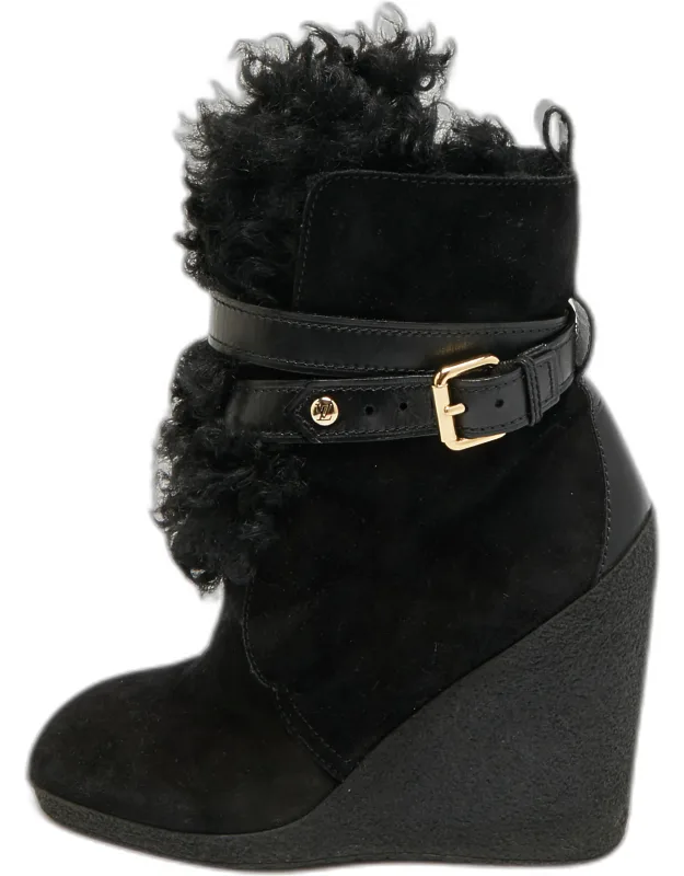 Fur And Suede Teddy Wedge Ankle Boots