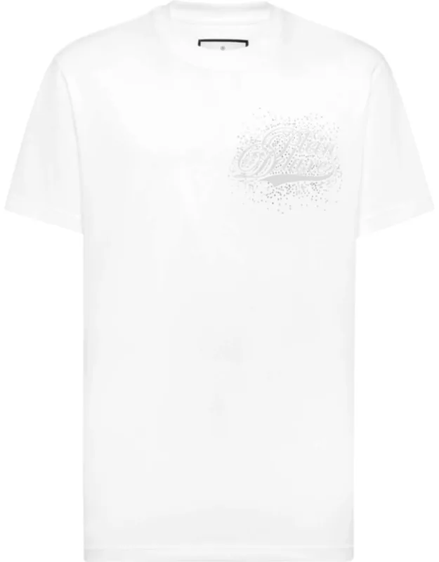 Round Neck T-shirt Plein Deluxe With Rhinestoned Pattern Printed On The Left Chest And Logoed Patch Sewn On The Yoke