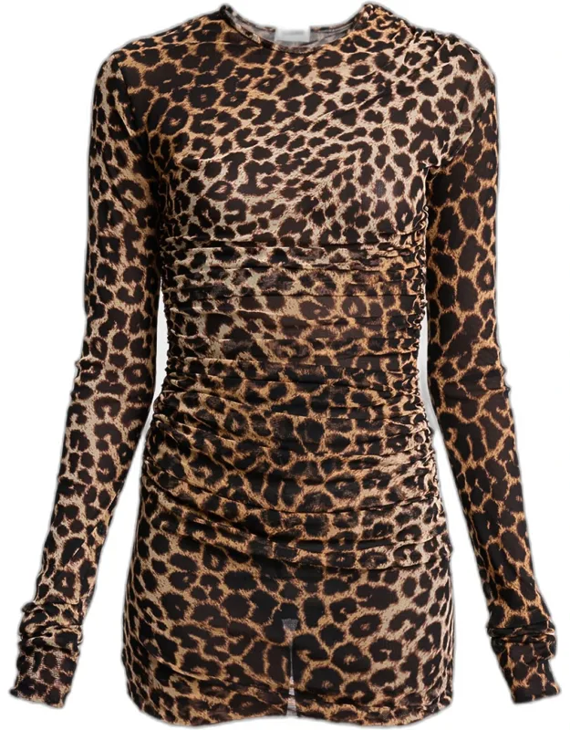 Leopard-print Ruched Long-sleeve Mini Dress