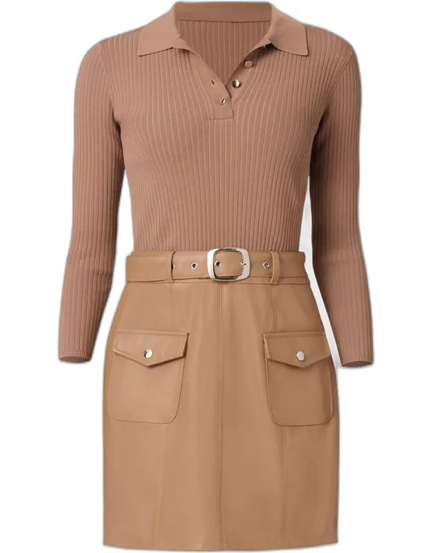 Belted Knit & Faux Leather Mini Dress