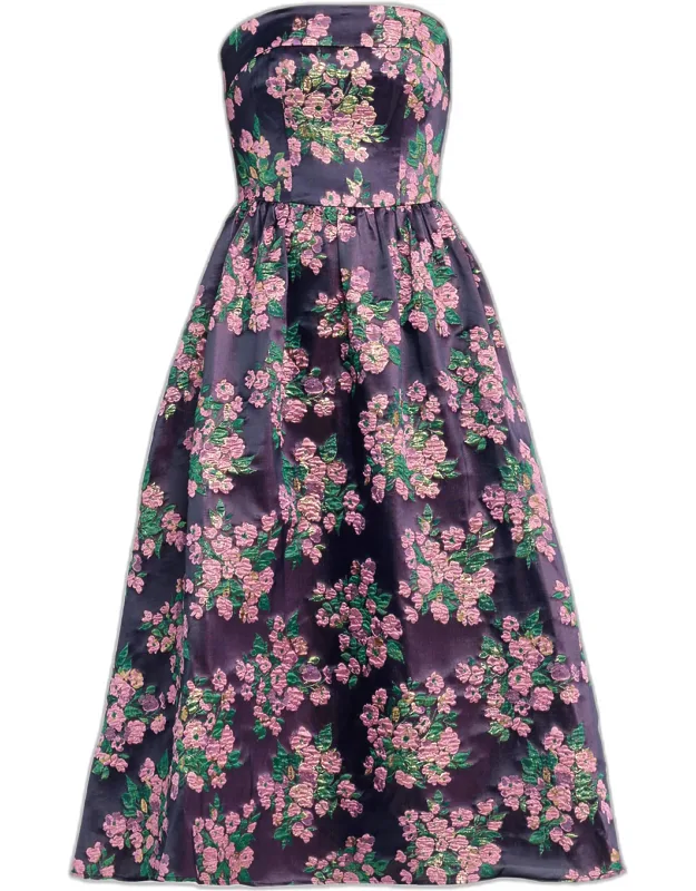 Ruched Metallic Floral Jacquard Maxi Dress